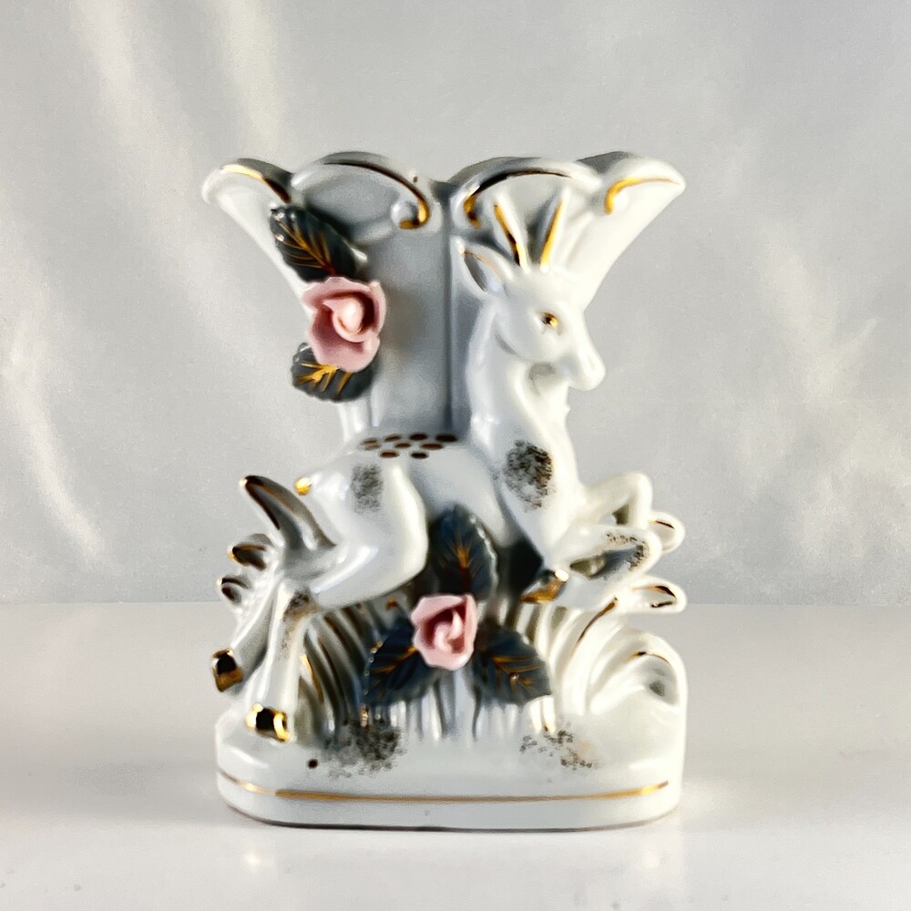 Vintage Bone China Deer Fawn Vase Figurine Applied Pink Roses Gold Trim Japan